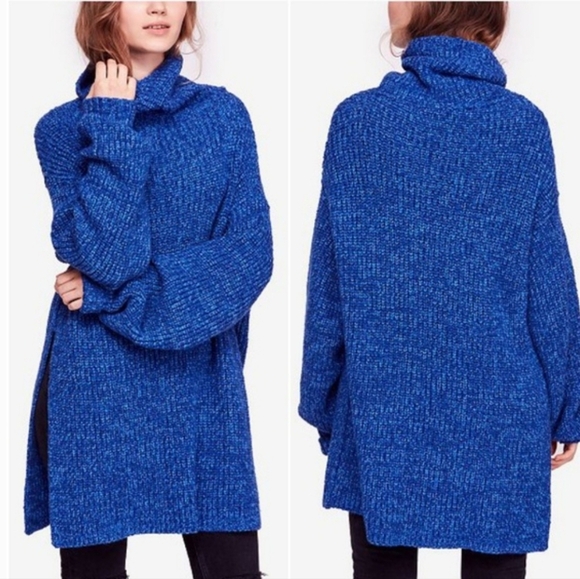 Free People Eleven Chunky Knit Blue Long Tunic Sweater Turtleneck Size XS Winter - Picture 1 of 11